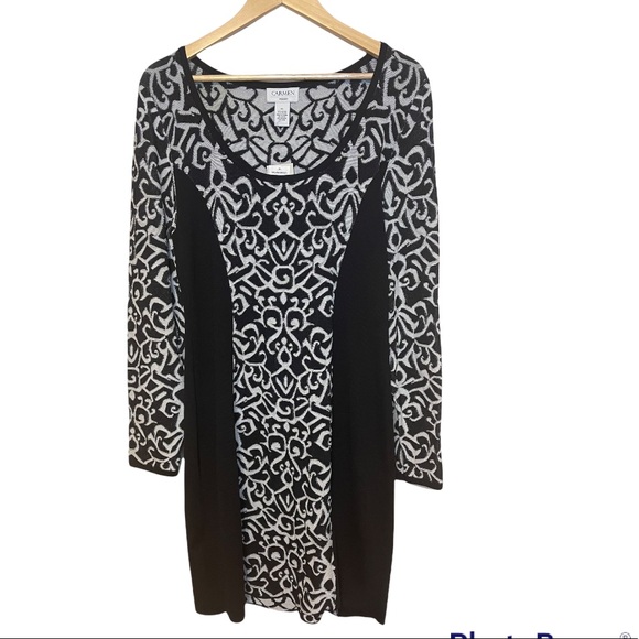 CARMEN MARC VALVO -Black and white pattern sweater dress. - Picture 4 of 11